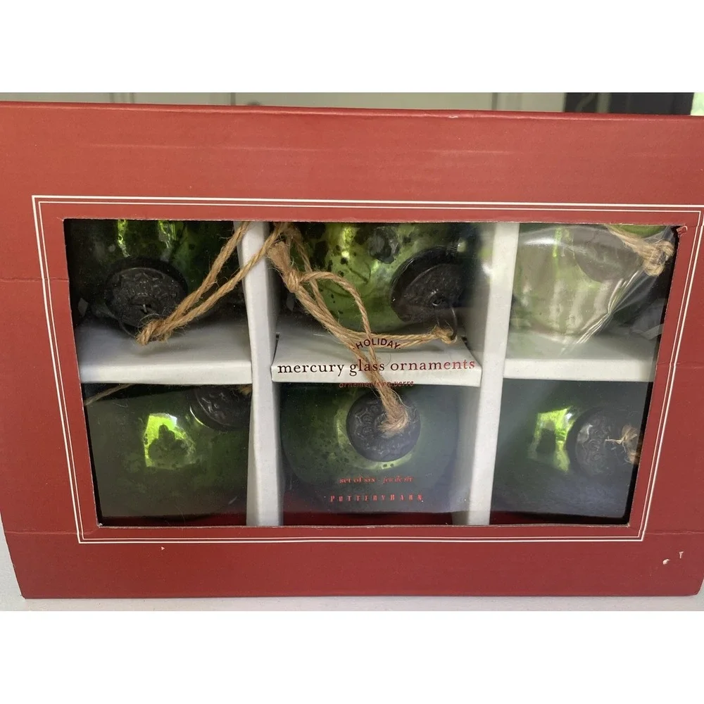 Pottery Barn Mercury Glass Ball Ornaments Set of 6 Green w/ Box